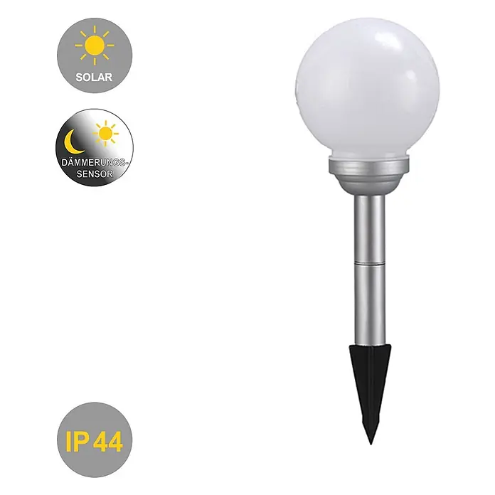Solar Kugelleuchte Ola 15cm mit Erdspieß -  - Weiße Kugel-Solar-Gartenleuchte mit silbernem Stab und schwarzem Erdspieß. Solarbetrieben, Dämmerungssensor, IP44.
