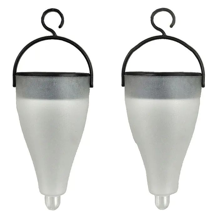 2 x LED Solarleuchte Demi farbwechselnd -  - Zwei mattierte Hängeleuchten aus Glas mit schwarzen Metallhaken.