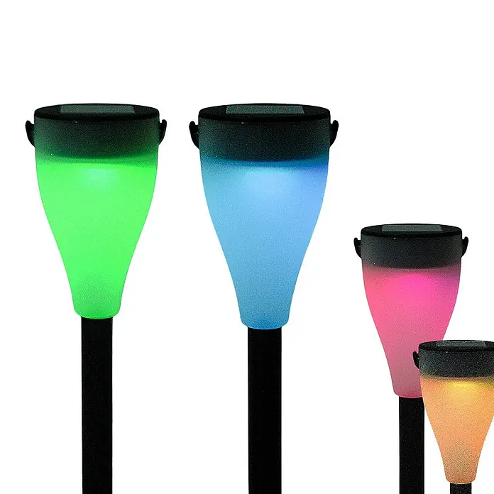 2 x LED Solarleuchte Demi farbwechselnd -  - Vier Solar-Gartenleuchten mit schwarzen Oberteilen und Spießen, die grünes, blaues, rosa und orangefarbenes Licht abgeben.