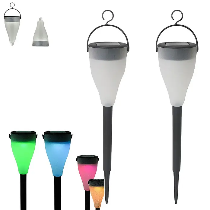 2 x LED Solarleuchte Demi farbwechselnd -  - Set von Solar-Gartenleuchten mit mattierten Diffusoren und dunklen Spießen, einige leuchten in Grün, Blau, Pink und Orange.