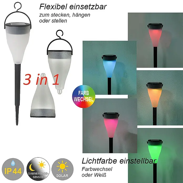 2 x LED Solarleuchte Demi farbwechselnd -  - Flexibel einsetzbare 3-in-1 Solar-Gartenleuchte mit mattiertem Diffusor und Erdspieß, farbwechselnd.