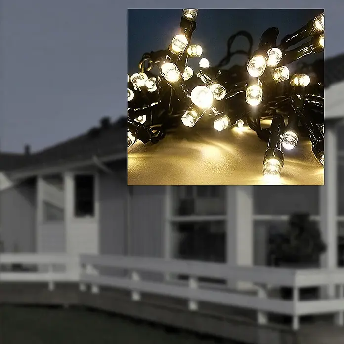 Solarlichterkette 48 LED warmweiß 14,5m -  - Warmweiße LED-Lichterkette mit dunklem Kabel, für stimmungsvolle Beleuchtung im Außenbereich.