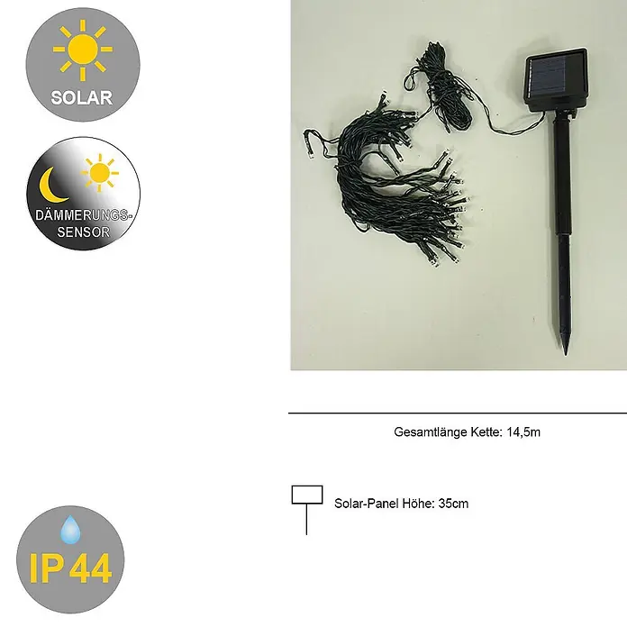 Solarlichterkette 48 LED warmweiß 14,5m -  - Grüne Solar-Lichterkette mit schwarzem Solarpanel-Erdspieß, 14,5m Gesamtlänge, IP44, Dämmerungssensor.