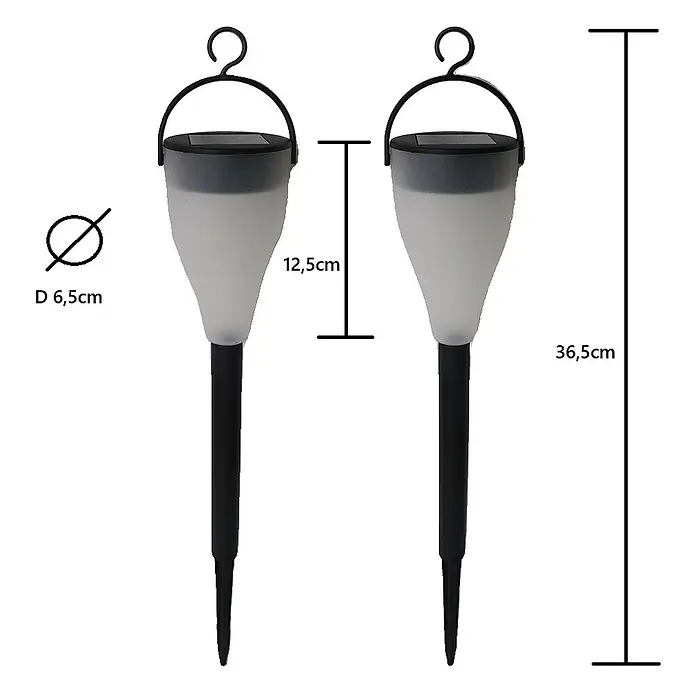 2 x LED Solarleuchte Demi farbwechselnd -  - Paar dunkelgrauer und mattweißer Solar-Gartenleuchten mit Erdspießen und Aufhängehaken. Jede Leuchte ist 36,5 cm hoch mit 6,5 cm Durchmesser.