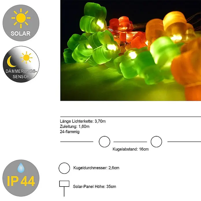 LED Solar-Lichterkette Blume 24flg. -  - Eine Solar-LED-Lichterkette mit grünen und orangefarbenen dekorativen Abdeckungen, ausgestattet mit Dämmerungssensor und IP44-Schutz.