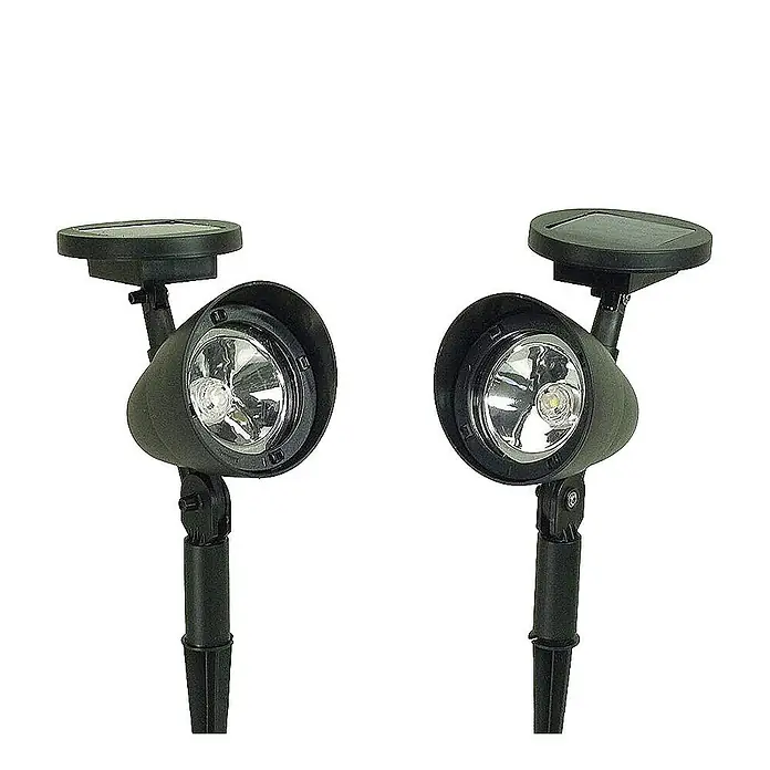 2 er Set LED Solarleuchten Solarstrahler -  - Zwei schwarze solarbetriebene Gartenspots mit verstellbaren Köpfen und Erdspießen.