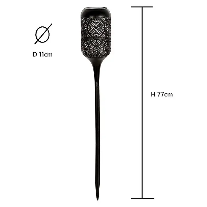 LED Solar-Wegeleuchte mit Flammeneffekt -  - Schwarze Solar-Gartenfackel aus Metall mit filigranem Muster, auf einem Erdspieß. D 11cm, H 77cm.