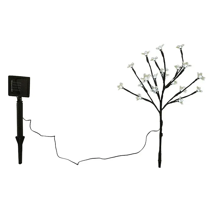 LED Solar Stick Flower klar 20 flg. -  - Solarbetriebener schwarzer LED-Baum mit klaren Blütenleuchten, über Kabel mit Erdspieß-Solarpanel verbunden.
