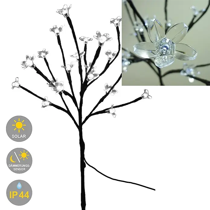LED Solar Stick Flower klar 20 flg. -  - Schwarzer Solar-LED-Deko-Baum mit klaren Blumenleuchten, Dämmerungssensor und IP44-Schutz.