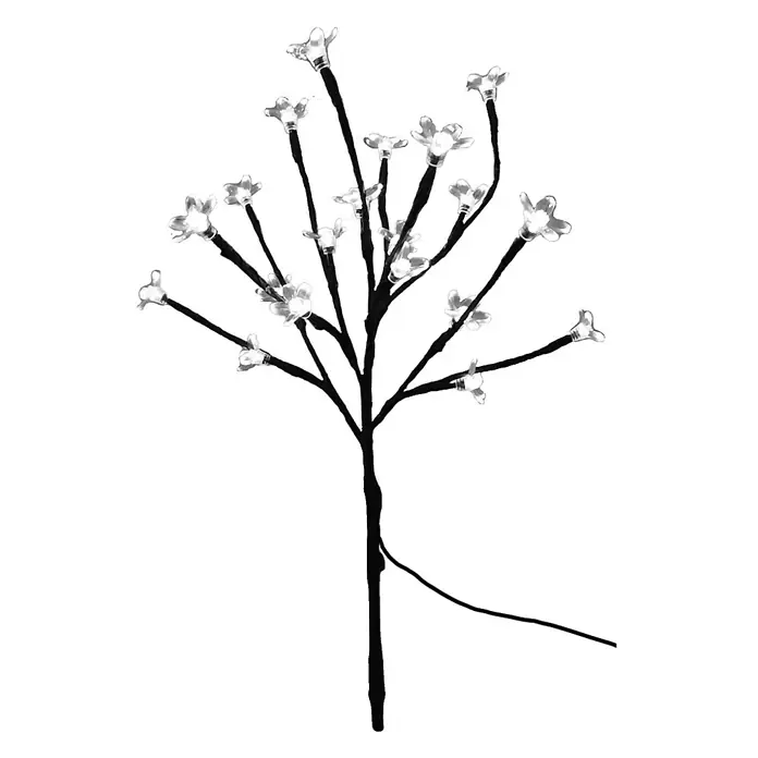 LED Solar Stick Flower klar 20 flg. -  - Schwarzer LED-Deko-Baum mit durchscheinenden Blumenlichtern und sichtbarem Stromkabel.