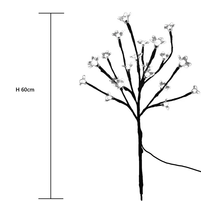LED Solar Stick Flower klar 20 flg. -  - Ein schwarzer, beleuchteter Deko-Baum mit blütenförmigen Lichtern, 60cm hoch.