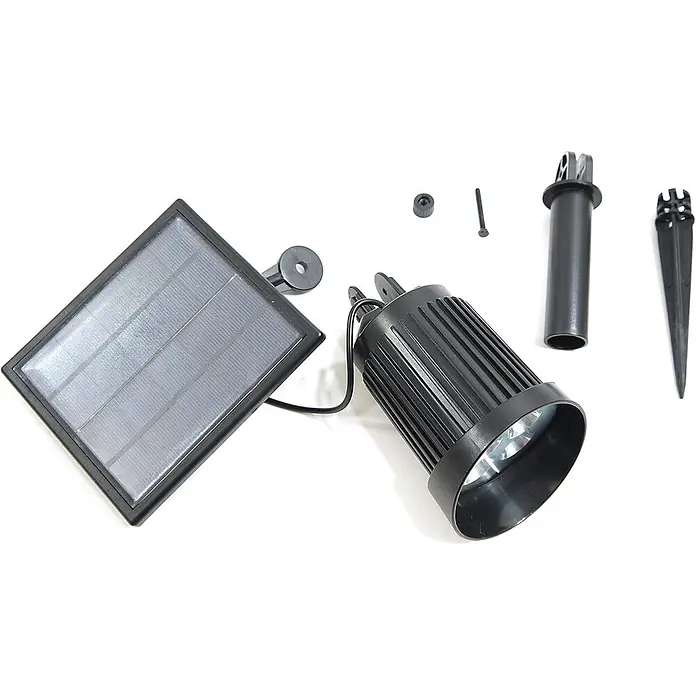Solar Gartenstrahler Nelis mit 8LED 120lm -  - Schwarzes Solar-LED-Gartenstrahler-Set mit rechteckigem Solarpanel, zylindrischem Licht, Erdspieß, Montagestange und Kleinmaterial.