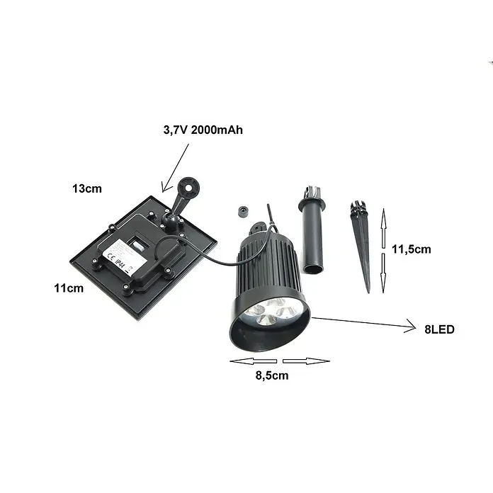 Solar Gartenstrahler Nelis mit 8LED 120lm -  - Schwarzes Solar-LED-Gartenstrahlersystem mit separatem Solarpanel, Strahler und Erdspieß.