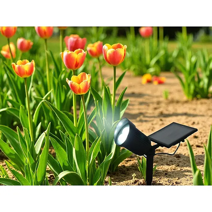 Solar Gartenstrahler Nelis mit 8LED 120lm -  - Schwarzer solarbetriebener Gartenscheinwerfer mit Solarpanel, beleuchtet orange-gelbe Tulpen im Garten.