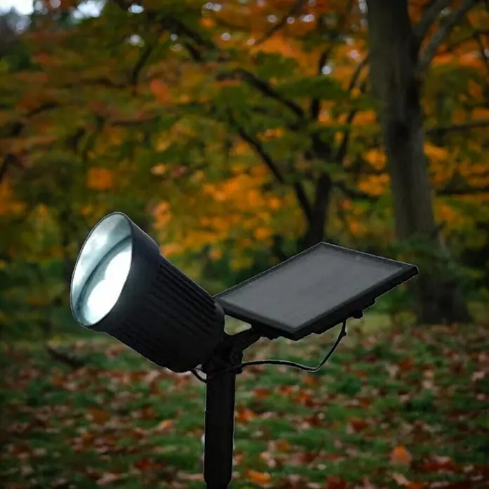 Solar Gartenstrahler Nelis mit 8LED 120lm -  - Ein schwarzer Solar-Strahler mit beleuchteter Lampe steht in einem Garten zwischen herabgefallenen Herbstblättern.