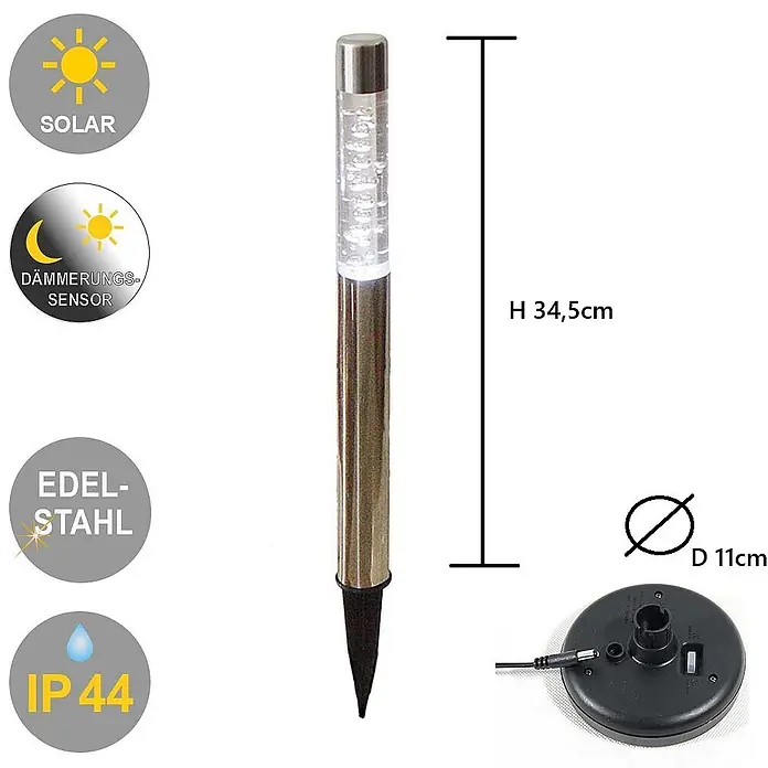 Solarleuchte Bubble 4er Set LED-Kaltweiß -  - Edelstahl Solar-Gartenleuchte mit Spieß und Blasen-Effekt oben, IP44, 34,5cm hoch. Mit Dämmerungssensor.
