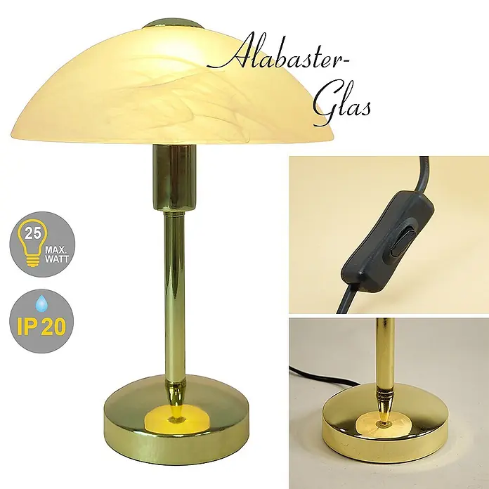 Tischleuchte Mischa Messing E14 -  - Messingfarbene Tischleuchte mit Halterung und Halbkugel-Schirm aus Alabasterglas.