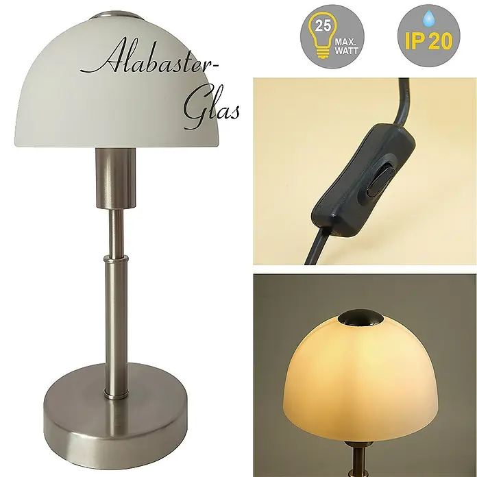 Nachttischlampe Maiolo Nickel Glasschirm -  - Tischleuchte mit Alabasterglas-Schirm, gebürstetem Metallsockel und Schnurschalter. Max. 25W, IP20.