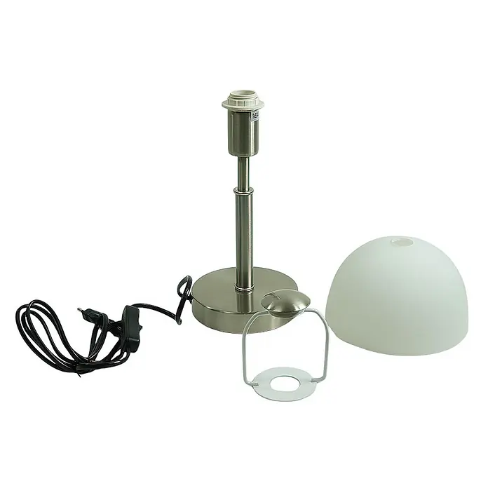 Nachttischlampe Maiolo Nickel Glasschirm -  - Zerlegte Tischleuchte mit gebürstetem Metallsockel, Stiel, Fassung, schwarzem Kabel, weißem Schirmrahmen und mattweißem Glasschirm.