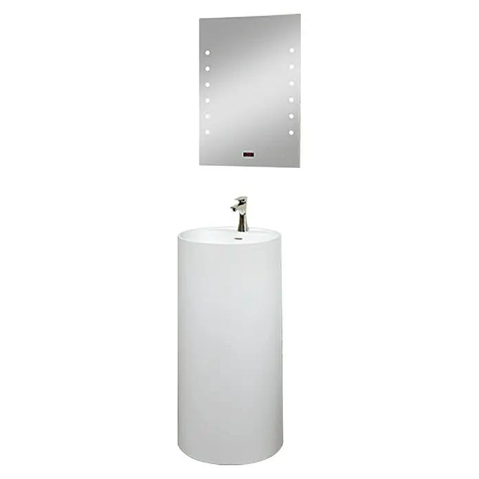 Camargue Lavabo Rondo Minera - Ø x Al: 45 x 90 cm, Orificios para grifo: Medio, Con desbordamiento, Blanco - Elegante conjunto de baño con lavabo moderno de pie y espejo iluminado para un toque de estilo.