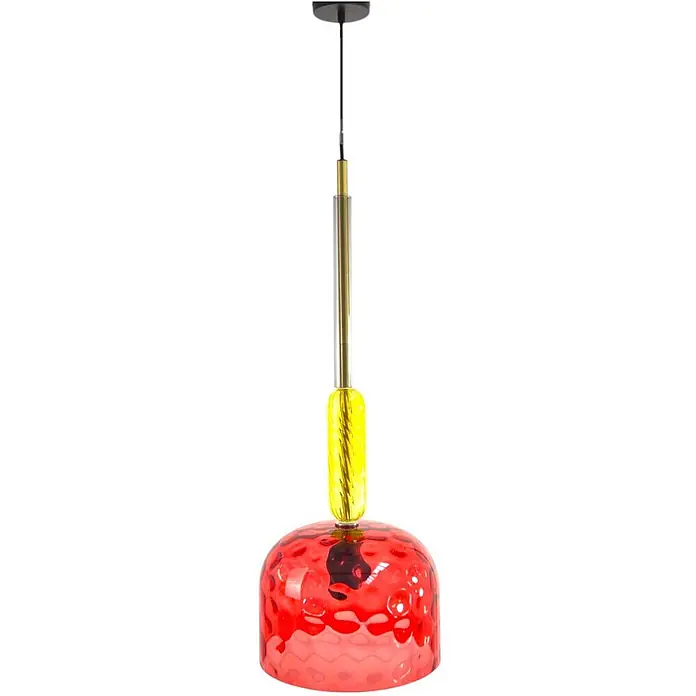 Pendelleuchte AYLA Glasschirm rot-gelb -  - Pendelleuchte mit schwarzer Deckenrosette, Gold- und transparentem Stiel, gelbem Glasakzent und strukturiertem rotem Glasschirm.