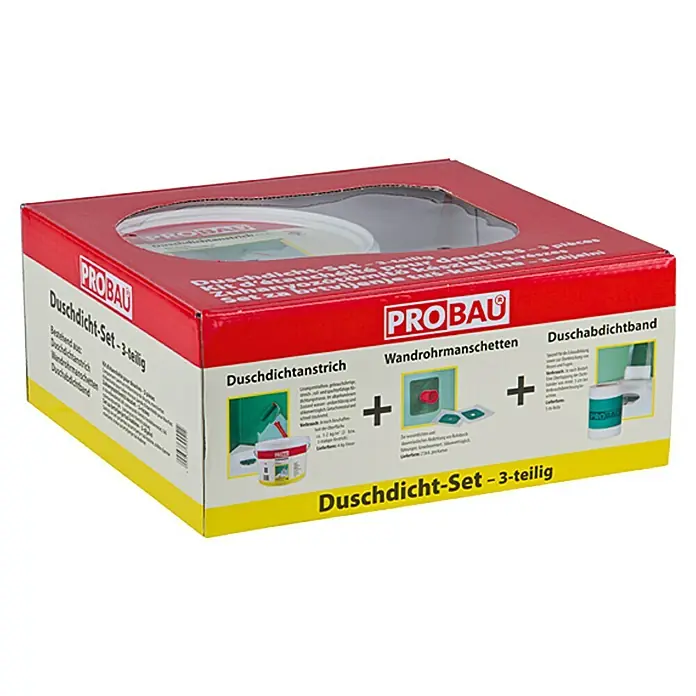 Probau eco Duschdicht-Set - 3 -tlg. - Bild einer Probau Duschdicht-Set-3-teilig-Verpackung, ideal zum Abdichten von Duschen und Bädern.
