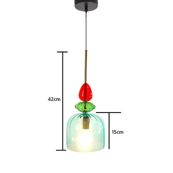 Pendelleuchte PIA einflammig Glasschirm -  - Bunte Hängelampe aus Glas, 42cm lang, mit 15cm türkisfarbenem geripptem Schirm und roten/grünen Glasakzenten.