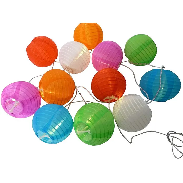 LED Solar-Lampion Lichterkette 10-flg. -  - Mehrfarbige Lichterkette mit kleinen, runden Papierlaternen in Orange, Weiß, Pink, Grün, Blau und Rot.