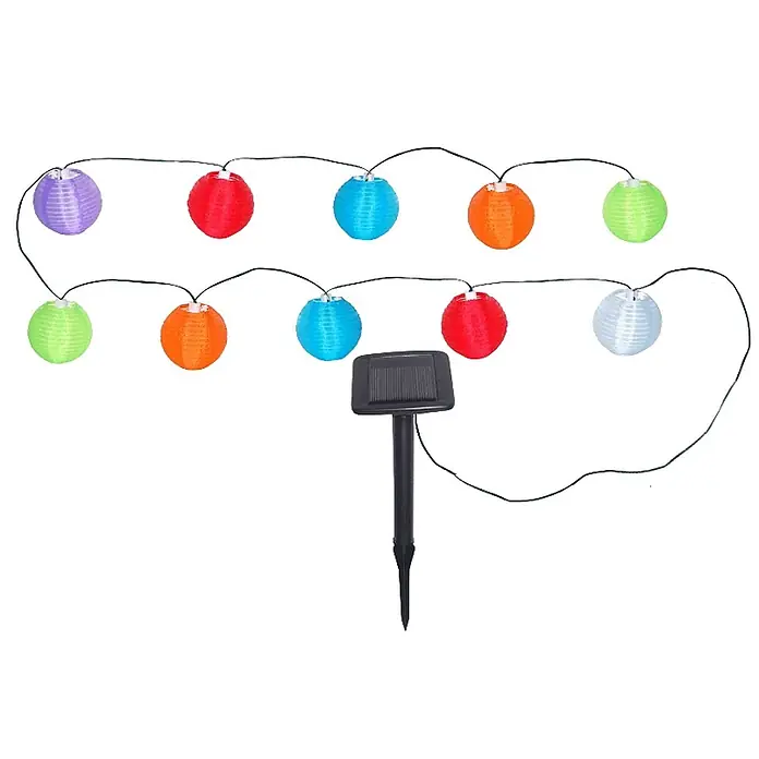 LED Solar-Lampion Lichterkette 10-flg. -  - Solar-Lichterkette mit bunten runden Papierlaternen und Erdspieß.