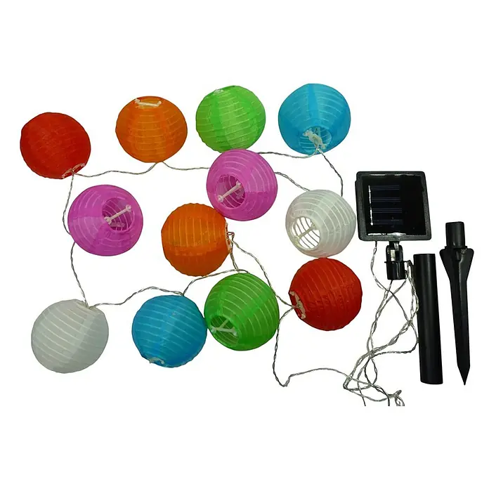 LED Solar-Lampion Lichterkette 10-flg. -  - Bunte solarbetriebene Lichterkette mit Papierlaternen und Solarpanel, inklusive Erdspießen.