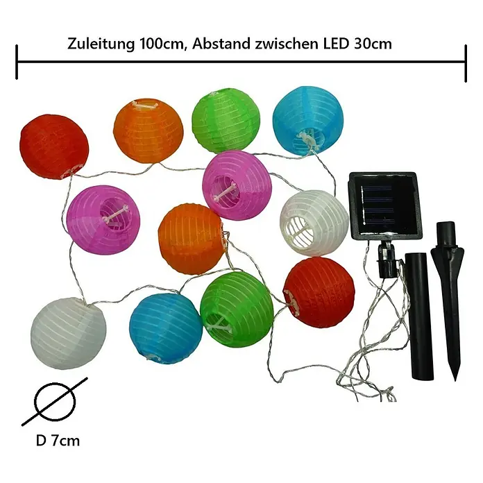 LED Solar-Lampion Lichterkette 10-flg. -  - Solar Lichterkette mit farbigen 7cm Laternen. 100cm Zuleitung, 30cm Abstand zwischen LEDs.