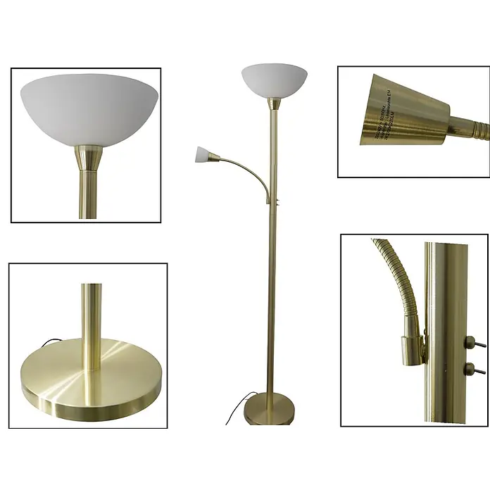 LED Stehleuchte Mattis messing mit Lesearm -  - Messingfarbene Stehlampe mit Deckenfluter und verstellbarer Leselampe, beide mit milchweißen Glasschirmen.