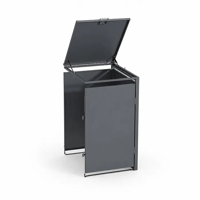 Norlinio Mülltonnenbox Vario, Anthrazit, für 1 Tonne -  - Dunkelgrauer Metallbehälter mit geöffnetem Deckel und Frontplatte.