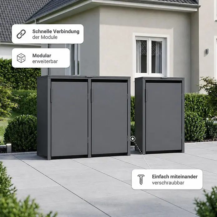 Norlinio Mülltonnenbox Vario, Anthrazit, für 1 Tonne -  - Drei dunkelgraue, modulare Außenlagerschränke, auf einer Terrasse verbunden. Einfach montierbar und erweiterbar.