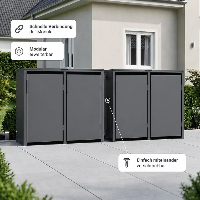 Norlinio Mülltonnenbox Vario, Anthrazit, für 2 Tonnen -  - Graue, modulare Outdoor-Schränke, einfach miteinander verschraubbar und erweiterbar, neben einem Haus.