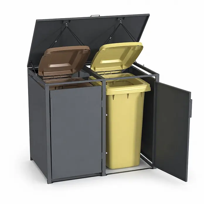 Norlinio Mülltonnenbox Vario, Anthrazit, für 2 Tonnen -  - Dunkelgraues Mülltrennsystem aus Metall mit zwei inneren Behältern (braun, gelb) und offenen Deckeln zur Abfalltrennung.