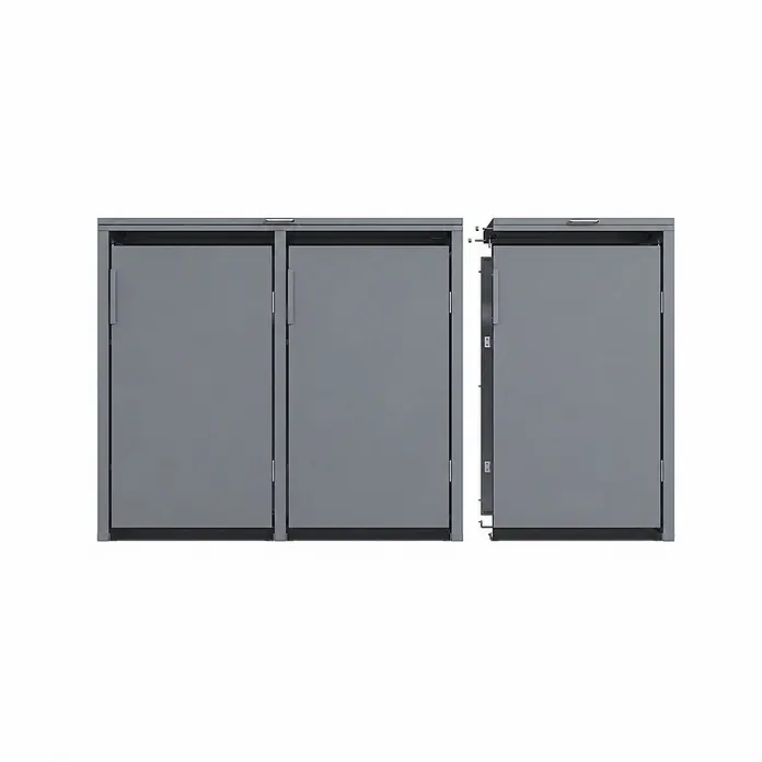 Norlinio Mülltonnenbox Vario, Anthrazit, für 1 Tonne -  - Drei modulare graue Outdoor-Aufbewahrungsschränke, zwei verbunden und einer separat.