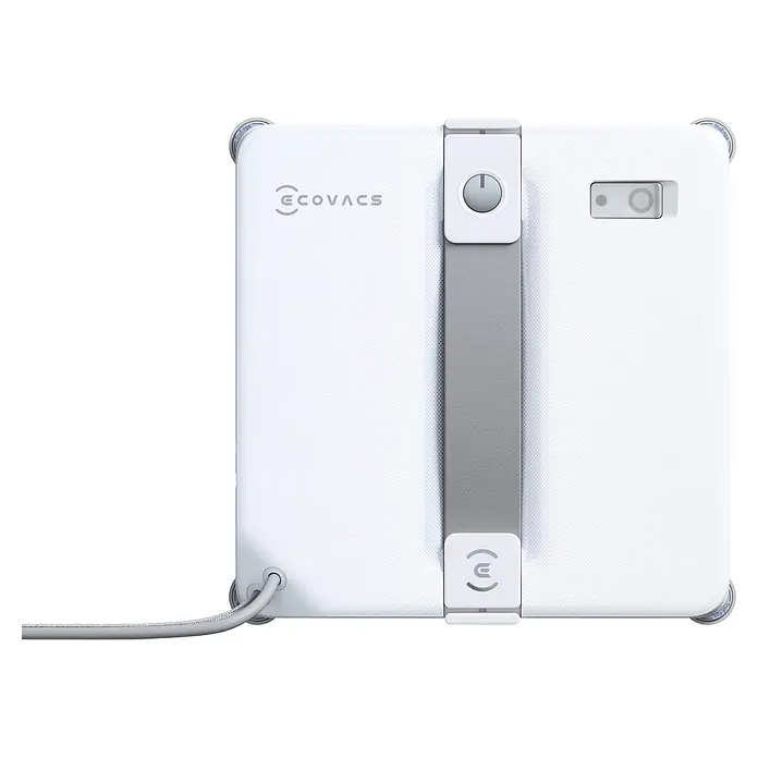 Ecovacs Saugwischroboter Winbot Mini 2 - Saugkraft: 8.000 Pa, Fassungsvermögen Roboter: 50 ml - Weißer Ecovacs Fensterreinigungsroboter mit grauem Mittelgurt, Power-Taste und optischem Sensor. Ein Netzkabel führt unten links heraus.