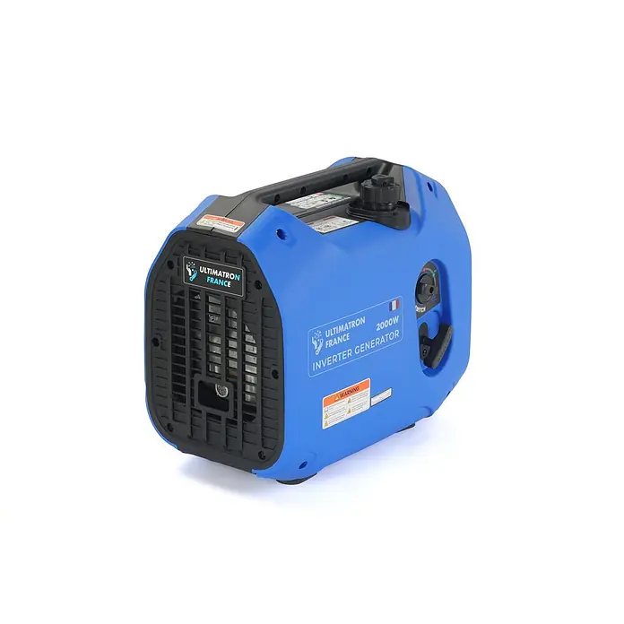 Ultimatron ULT-2000, 2,0 kW Benzin Stromerzeuger -  - Blauer ULTIMATRON FRANCE 2000W Inverter-Generator mit schwarzem Gitter, Tankdeckel und Starter.