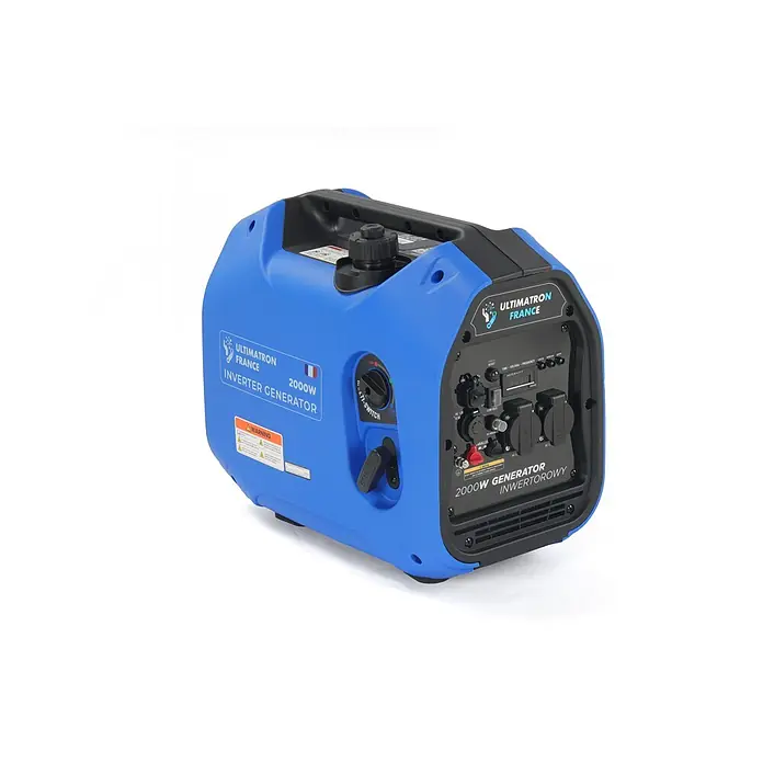 Ultimatron ULT-2000, 2,0 kW Benzin Stromerzeuger -  - Blauer ULTIMATRON FRANCE 2000W Inverter-Generator mit Bedienfeld und Anschlüssen.
