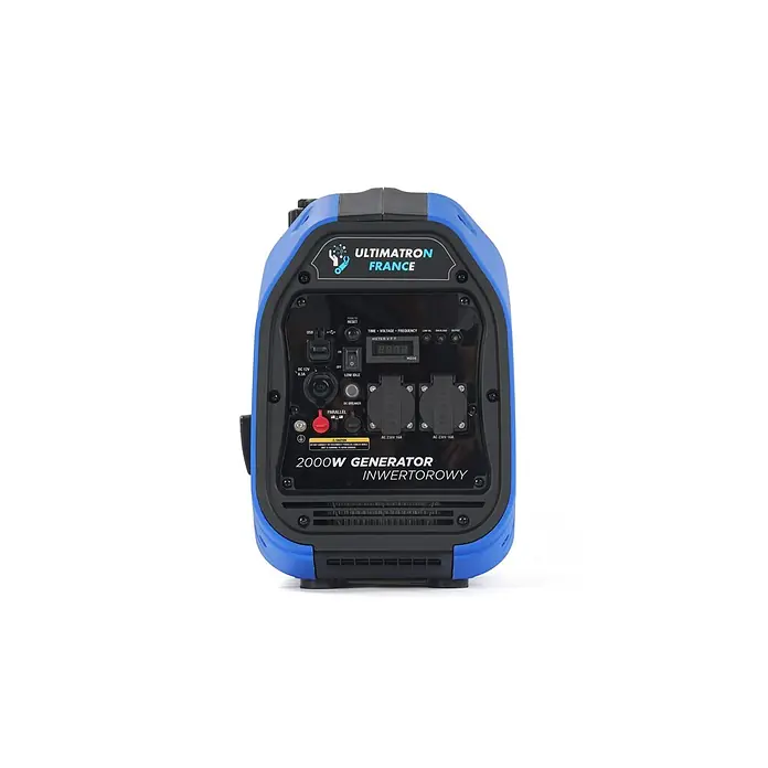Ultimatron ULT-2000, 2,0 kW Benzin Stromerzeuger -  - Blauer und schwarzer Ultimatron France 2000W Invertergenerator mit Bedienfeld, Display, USB, 12V DC und 230V AC Steckdosen.