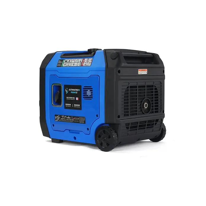 Ultimatron ULT-5500, 5,5 kW Benzin Stromerzeuger -  - Blauer und schwarzer ULTIMATRON Inverter-Generator mit Rädern, Tragegriff und seitlichen Lüftungsschlitzen.