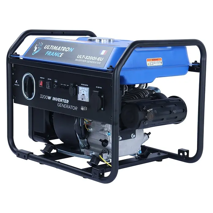 Ultimatron ULT-3200i, 3,2 kW Benzin Stromerzeuger -  - Blauer und schwarzer Inverter-Generator mit robustem Metallrahmen, blauem Kraftstofftank und Bedienfeld mit "3200W Inverter Generator".