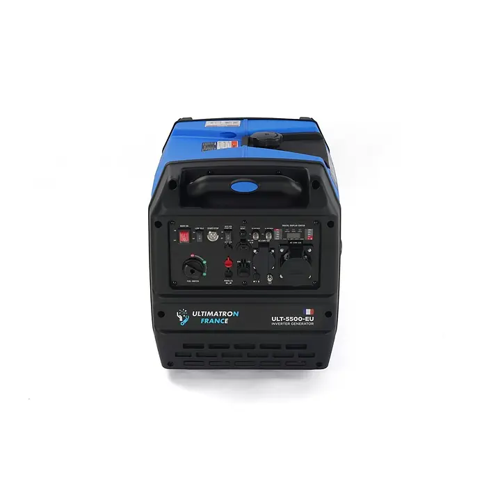 Ultimatron ULT-5500, 5,5 kW Benzin Stromerzeuger -  - Blauer und schwarzer ULTIMATRON ULT-5500-EU Inverter-Generator mit Bedienfeld, mehreren Steckdosen und Digitalanzeige.