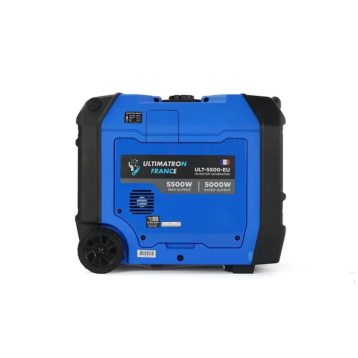 Ultimatron ULT-5500, 5,5 kW Benzin Stromerzeuger -  - Blauer und schwarzer ULTIMATRON ULT-5500-EU Inverter-Generator mit Rädern, zeigt 5500W max. und 5000W Nennleistung.