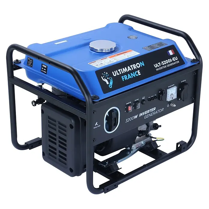 Ultimatron ULT-3200i, 3,2 kW Benzin Stromerzeuger -  - Blauer und schwarzer 3200W Inverter-Generator mit sichtbarem Bedienfeld, Tankdeckel und robustem Rahmen.