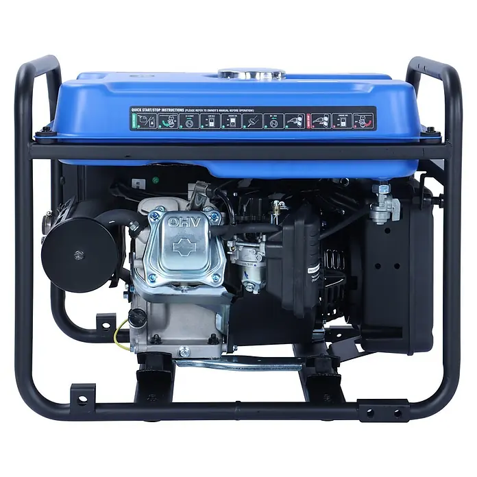 Ultimatron ULT-3200i, 3,2 kW Benzin Stromerzeuger -  - Blau-schwarzer tragbarer Generator mit robustem Metallrahmen. Er verfügt über einen Kraftstofftank, einen OHV-Motor und Schnellstart-/Stoppanweisungen.