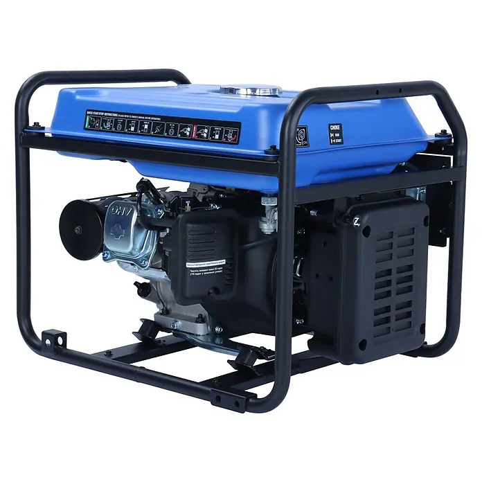 Ultimatron ULT-3200i, 3,2 kW Benzin Stromerzeuger -  - Blauer und schwarzer tragbarer Stromgenerator mit Metallrahmen und Anleitung auf dem Kraftstofftank.