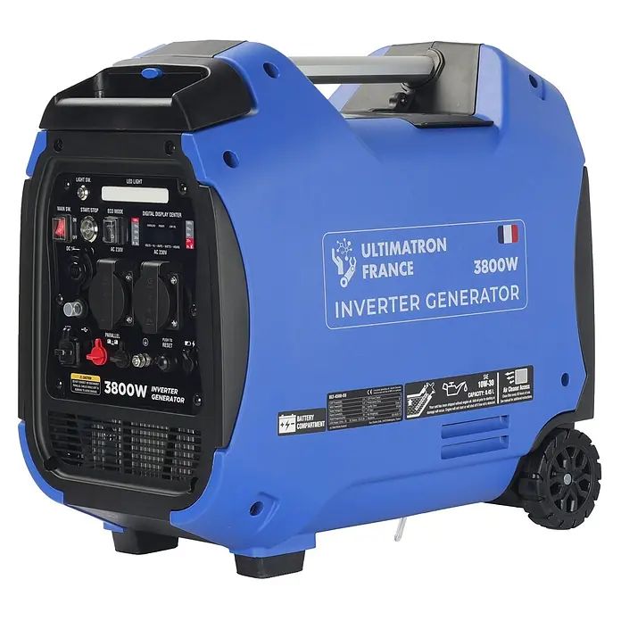 Ultimatron ULT-3800, 3,8 kW Benzin Stromerzeuger -  - Blauer und schwarzer Ultimatron France 3800W Inverter-Generator mit Bedienfeld, Griff und Rädern.