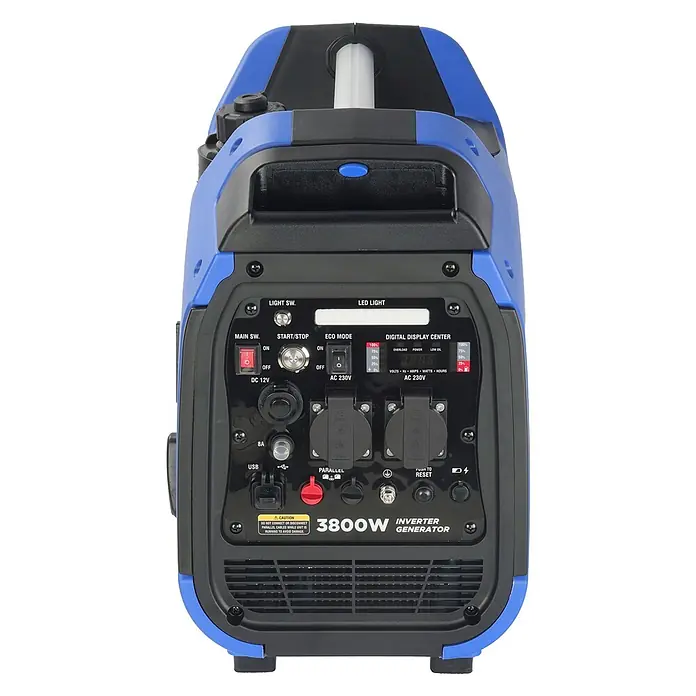 Ultimatron ULT-3800, 3,8 kW Benzin Stromerzeuger -  - Blau-schwarzer 3800W Inverter-Generator mit detailliertem Bedienfeld.